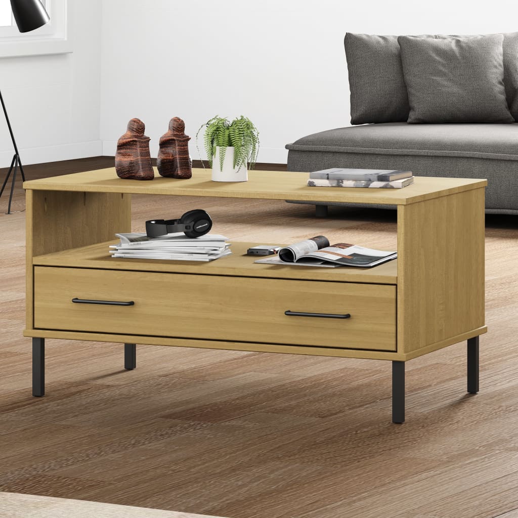 vidaXL Măsuță cafea picioare metalice maro 85x50x45cm lemn masiv OSLO vidaXL Măsuță cafea picioare metalice maro 85x50x45cm lemn masiv OSLO