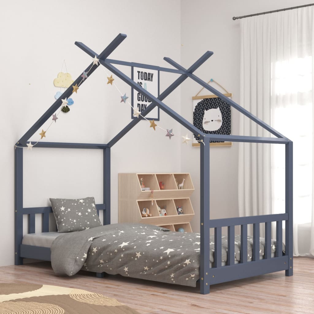 vidaXL Cadru de pat pentru copii, gri, 90 x 200 cm, lemn masiv de pin vidaXL Cadru de pat pentru copii, gri, 90 x 200 cm, lemn masiv de pin