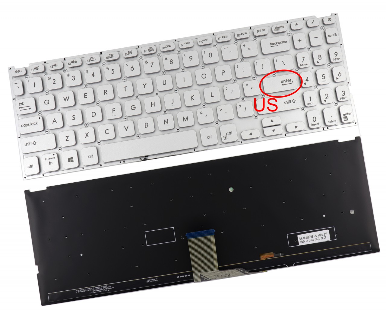 Tastatura Argintie Asus VivoBook X512UA iluminata layout US fara rama enter mic Tastatura Argintie Asus VivoBook X512UA iluminata layout US fara rama enter mic