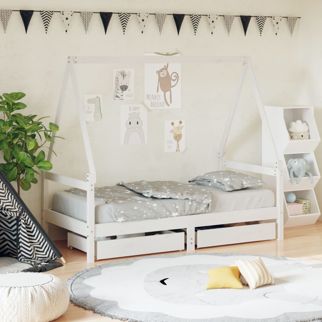vidaXL Cadru de pat copii cu sertare, alb, 80x160 cm, lemn masiv pin vidaXL Cadru de pat copii cu sertare, alb, 80x160 cm, lemn masiv pin