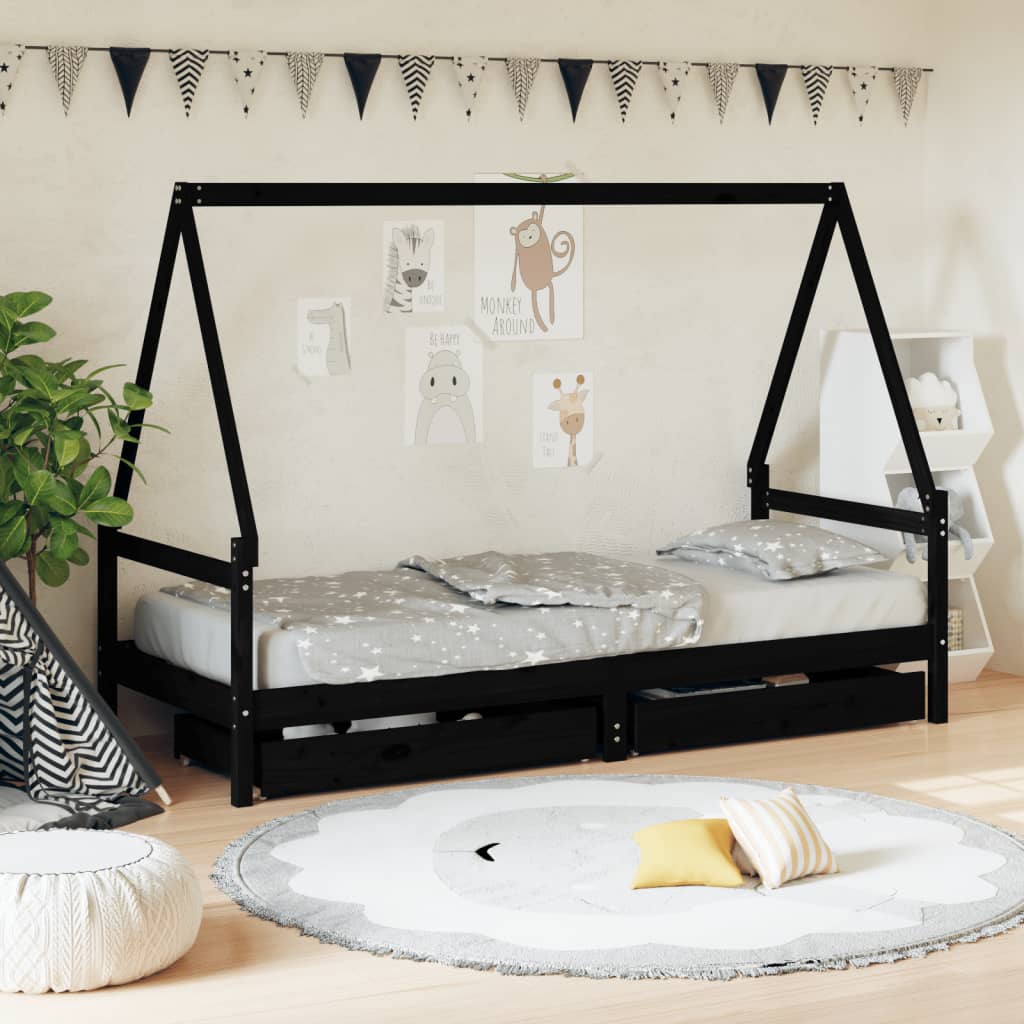 vidaXL Cadru de pat copii cu sertare, negru, 90x190 cm, lemn masiv pin vidaXL Cadru de pat copii cu sertare, negru, 90x190 cm, lemn masiv pin