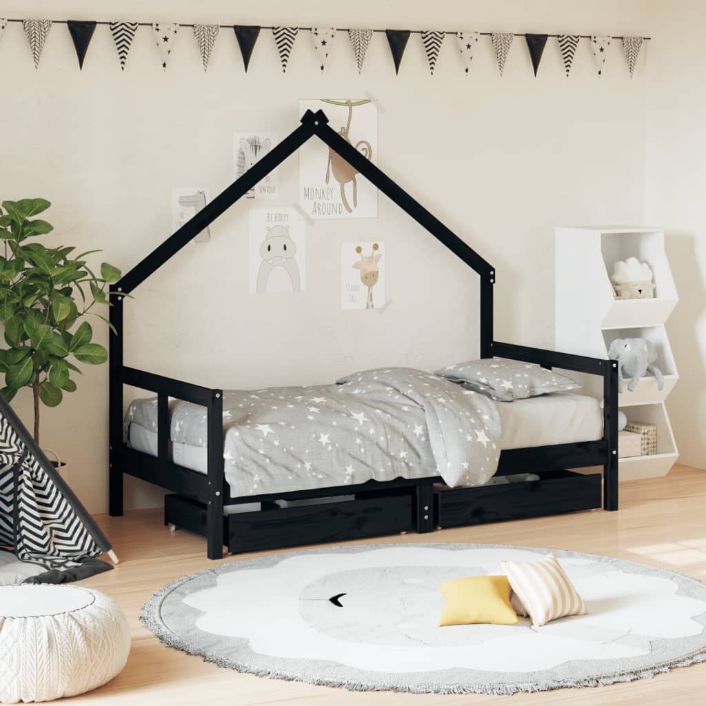 vidaXL Cadru de pat copii cu sertare, negru, 80x160 cm, lemn masiv pin vidaXL Cadru de pat copii cu sertare, negru, 80x160 cm, lemn masiv pin