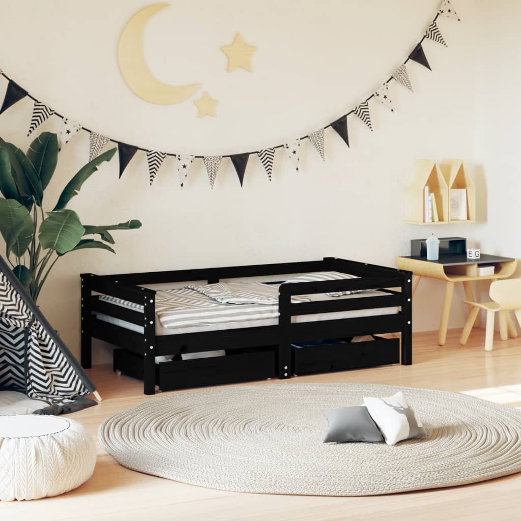 vidaXL Cadru de pat copii cu sertare, negru, 70x140 cm, lemn masiv pin vidaXL Cadru de pat copii cu sertare, negru, 70x140 cm, lemn masiv pin