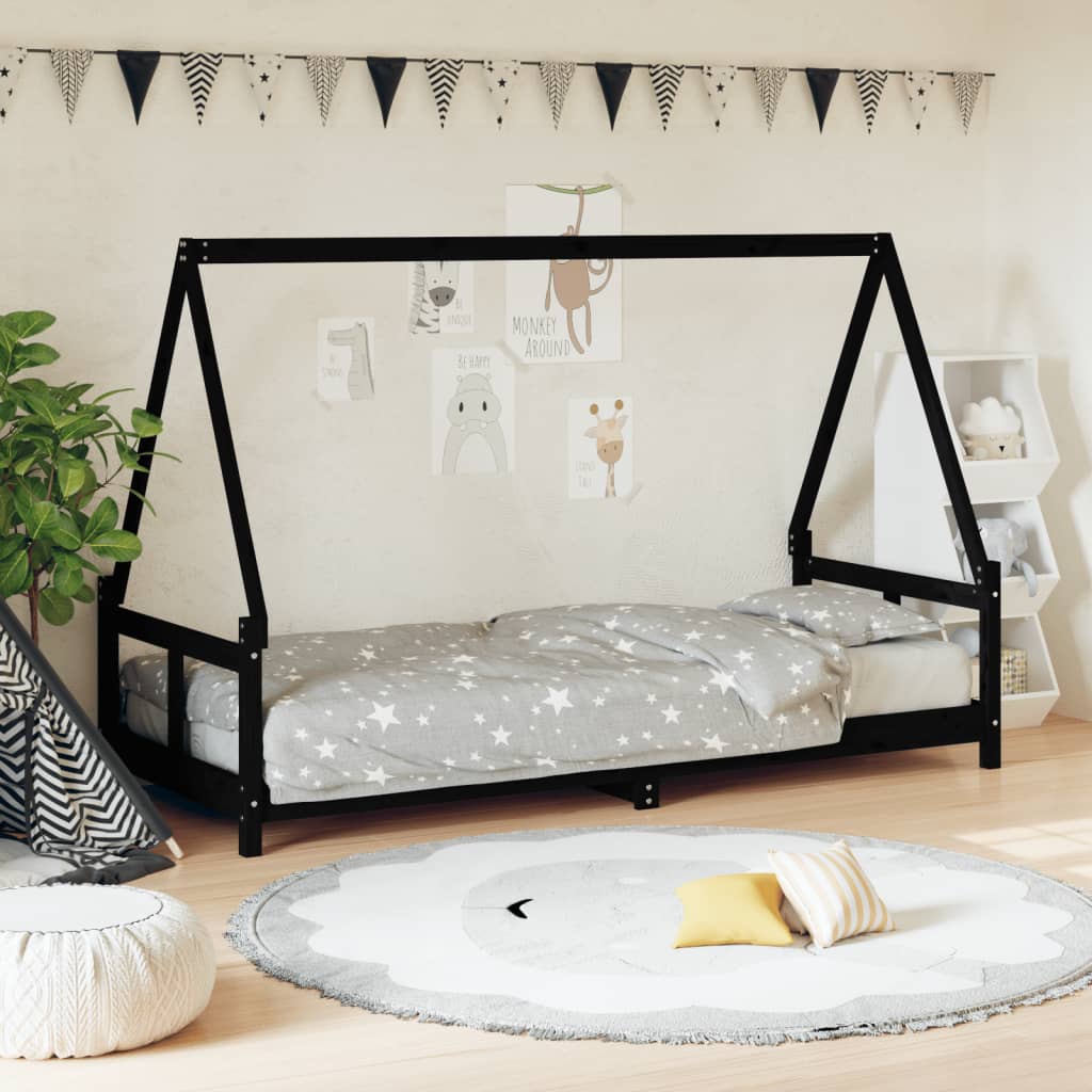 vidaXL Cadru de pat pentru copii, negru, 80x200 cm, lemn masiv de pin vidaXL Cadru de pat pentru copii, negru, 80x200 cm, lemn masiv de pin