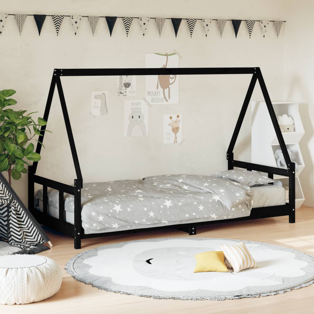 vidaXL Cadru pat pentru copii, negru, 90x200 cm, lemn masiv de pin vidaXL Cadru pat pentru copii, negru, 90x200 cm, lemn masiv de pin