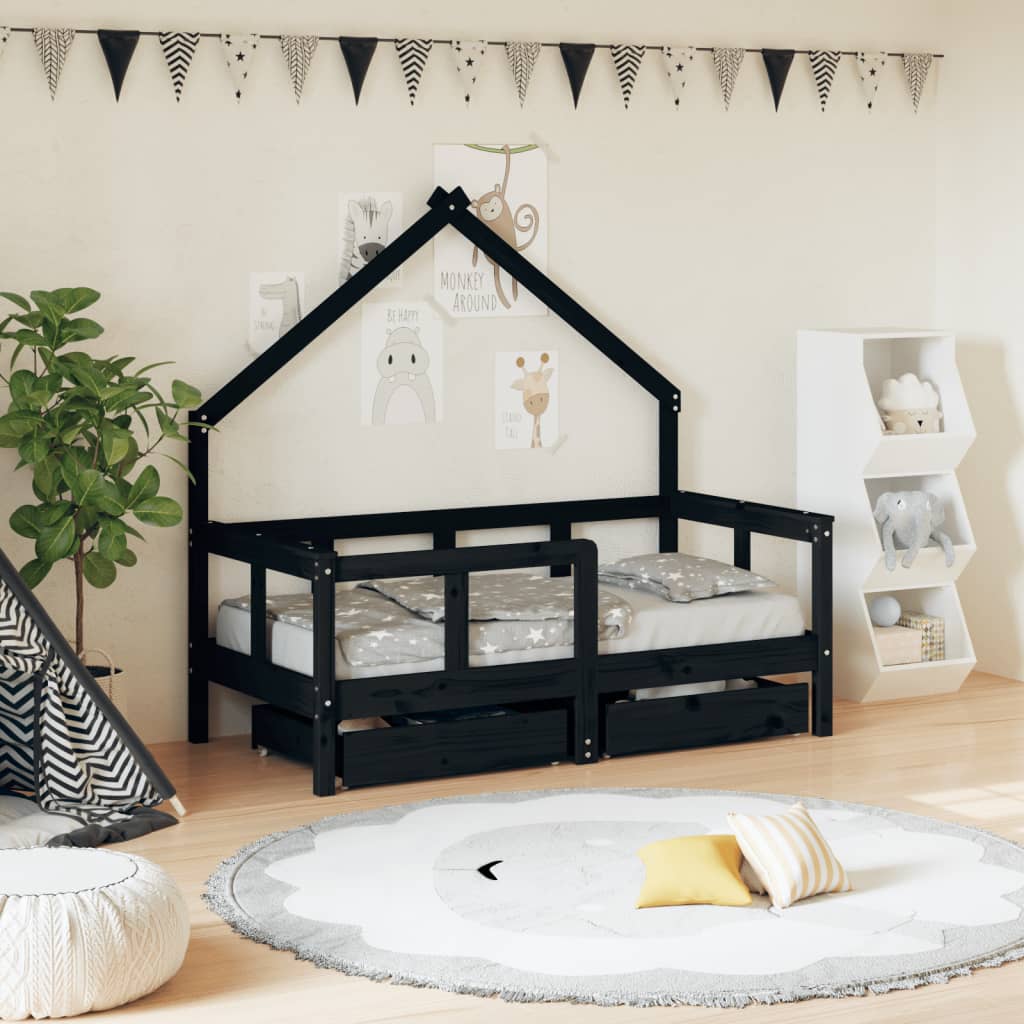 vidaXL Cadru de pat copii cu sertare, negru, 70x140 cm, lemn masiv pin vidaXL Cadru de pat copii cu sertare, negru, 70x140 cm, lemn masiv pin