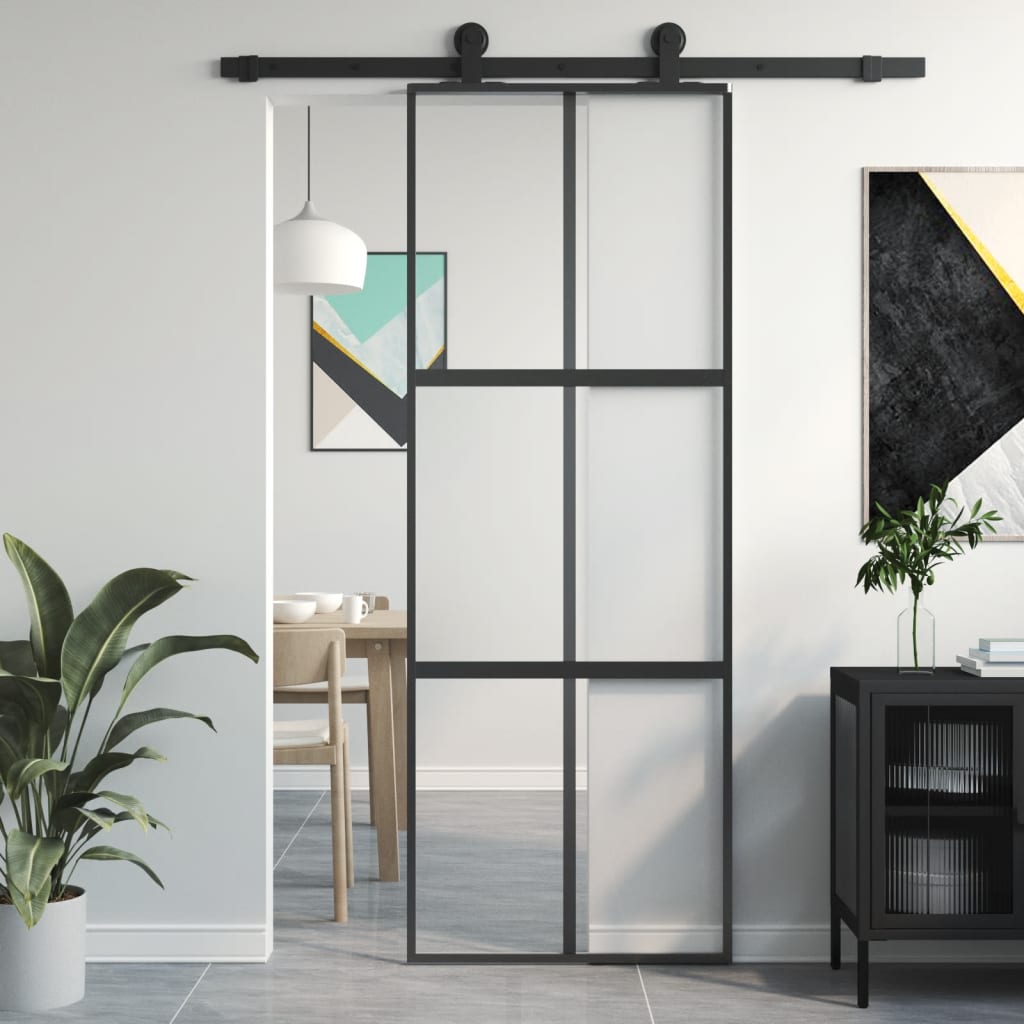 vidaXL Ușă glisantă, negru, 76x205 cm, sticlă securizată și aluminiu vidaXL Ușă glisantă, negru, 76x205 cm, sticlă securizată și aluminiu