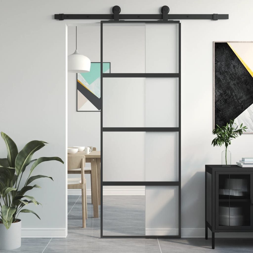 vidaXL Ușă glisantă, negru, 76x205 cm, sticlă securizată și aluminiu vidaXL Ușă glisantă, negru, 76x205 cm, sticlă securizată și aluminiu