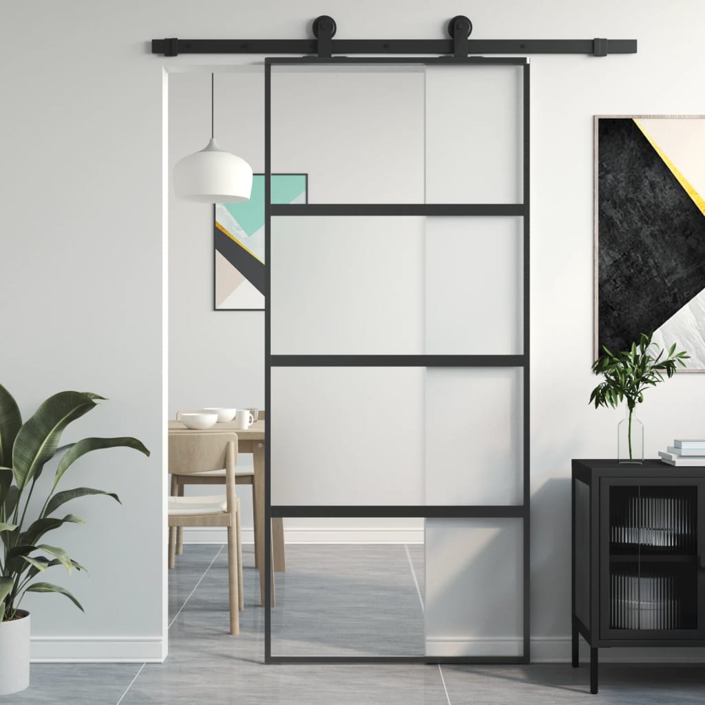 vidaXL Ușă glisantă, negru, 90x205 cm, sticlă securizată și aluminiu vidaXL Ușă glisantă, negru, 90x205 cm, sticlă securizată și aluminiu