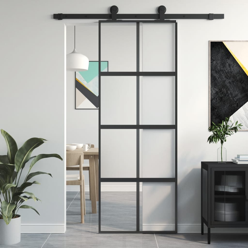 vidaXL Ușă glisantă, negru, 76x205 cm, sticlă securizată și aluminiu vidaXL Ușă glisantă, negru, 76x205 cm, sticlă securizată și aluminiu