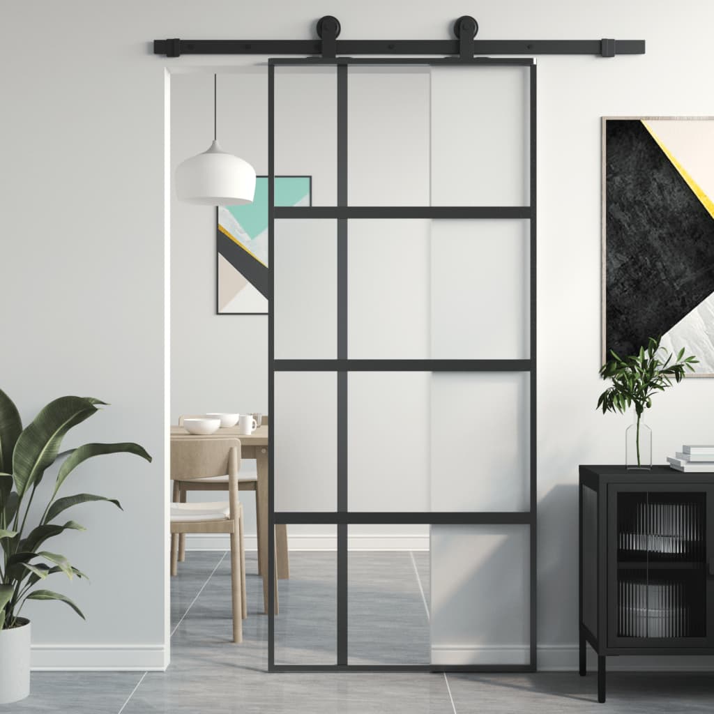 vidaXL Ușă glisantă, negru, 90x205 cm, sticlă securizată și aluminiu vidaXL Ușă glisantă, negru, 90x205 cm, sticlă securizată și aluminiu