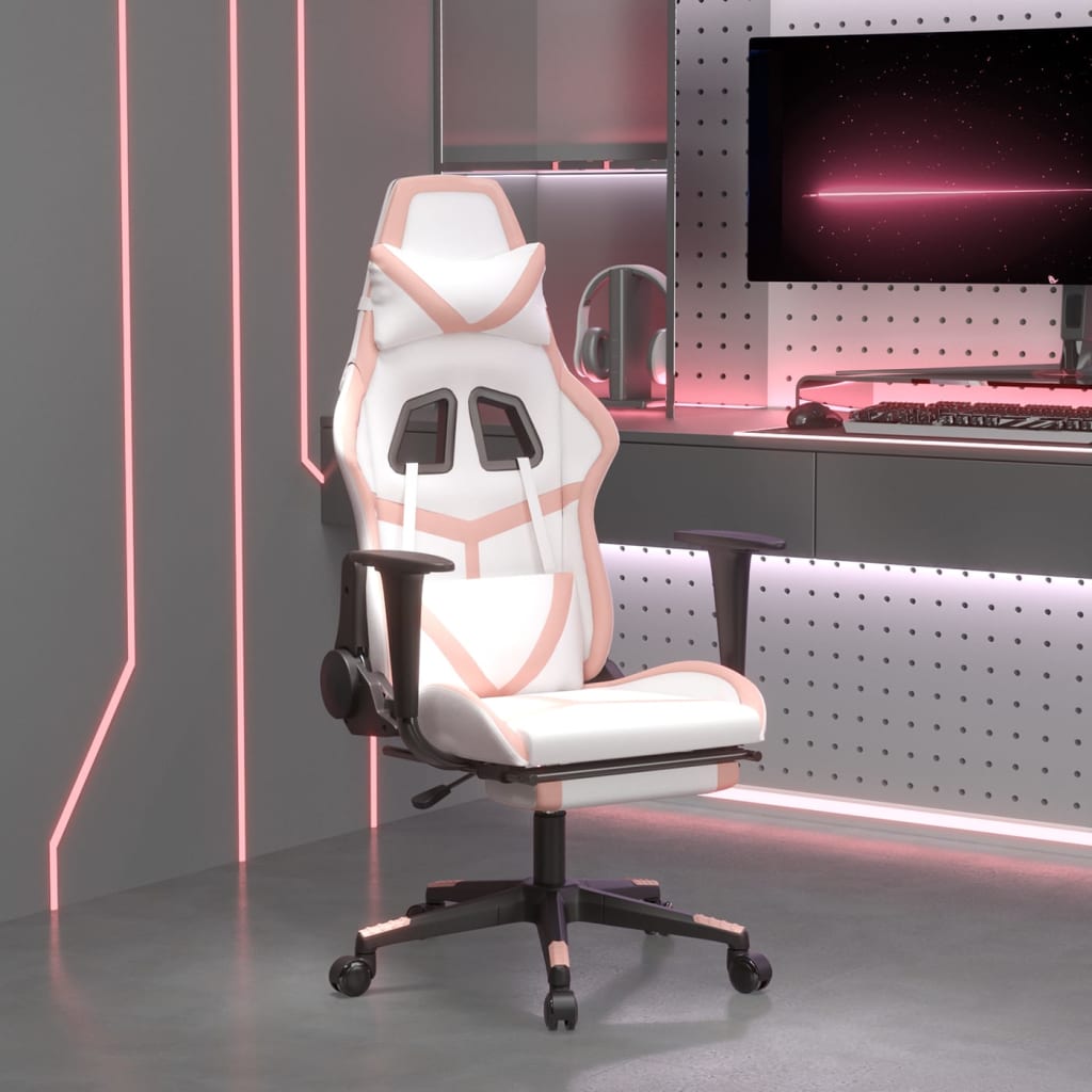 vidaXL Scaun de gaming cu suport picioare, alb/roz, piele ecologică vidaXL Scaun de gaming cu suport picioare, alb/roz, piele ecologică