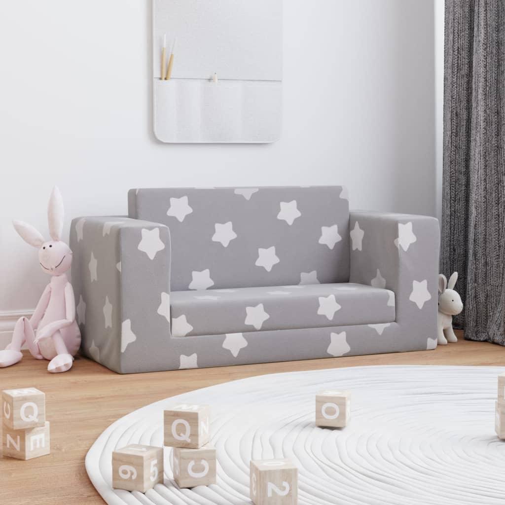 vidaXL Canapea extensibilă copii 2 locuri gri deschis/stele pluș moale vidaXL Canapea extensibilă copii 2 locuri gri deschis/stele pluș moale