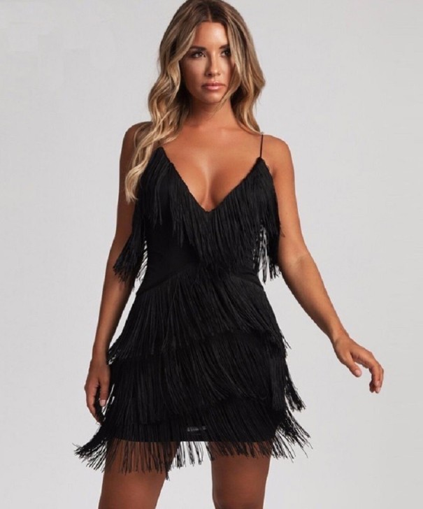 Mini rochie sexy cu franjuri negru L