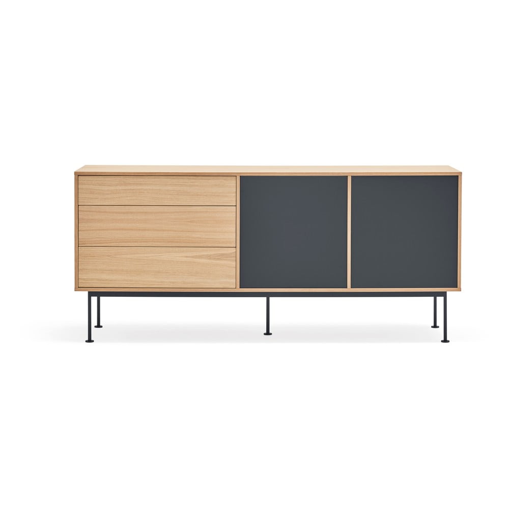 Comodă cu aspect de lemn de stejar Teulat Yoko, lățime 180 cm, gri antracit Comodă cu aspect de lemn de stejar Teulat Yoko, lățime 180 cm, gri antracit