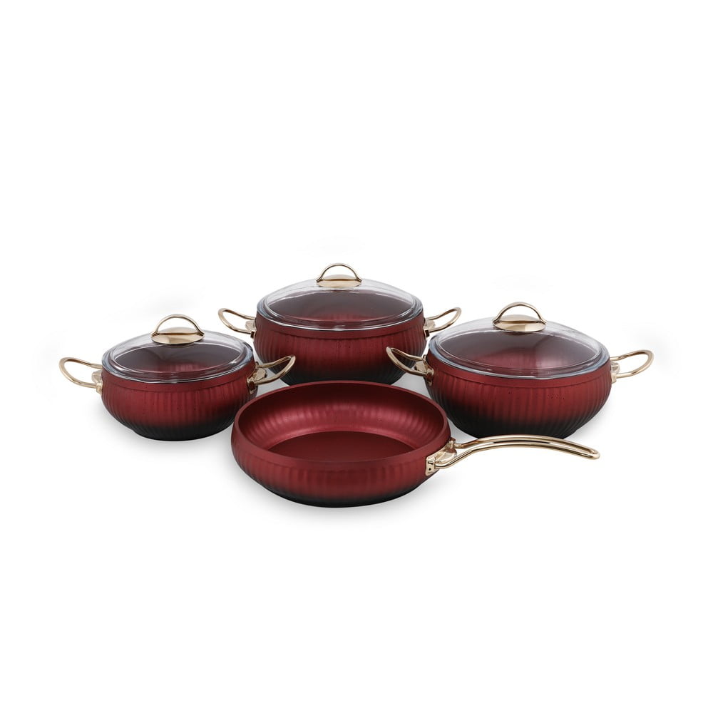 Set 4 vase de gătit din aluminiu cu 3 capace Güral Porselen Ruby, roșu Set 4 vase de gătit din aluminiu cu 3 capace Güral Porselen Ruby, roșu