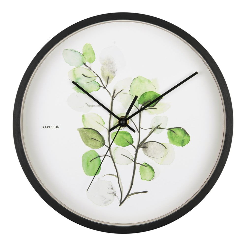 Ceas de perete cu ramă neagră Karlsson Eucalyptus, ø 26 cm, verde-alb Ceas de perete cu ramă neagră Karlsson Eucalyptus, ø 26 cm, verde-alb