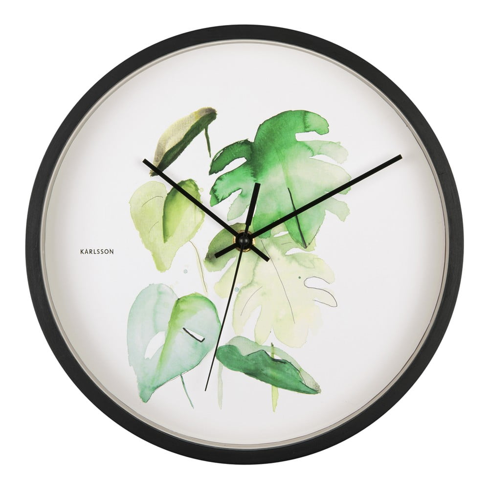 Ceas de perete cu ramă neagră Karlsson Monstera, ø 26 cm, verde-alb Ceas de perete cu ramă neagră Karlsson Monstera, ø 26 cm, verde-alb
