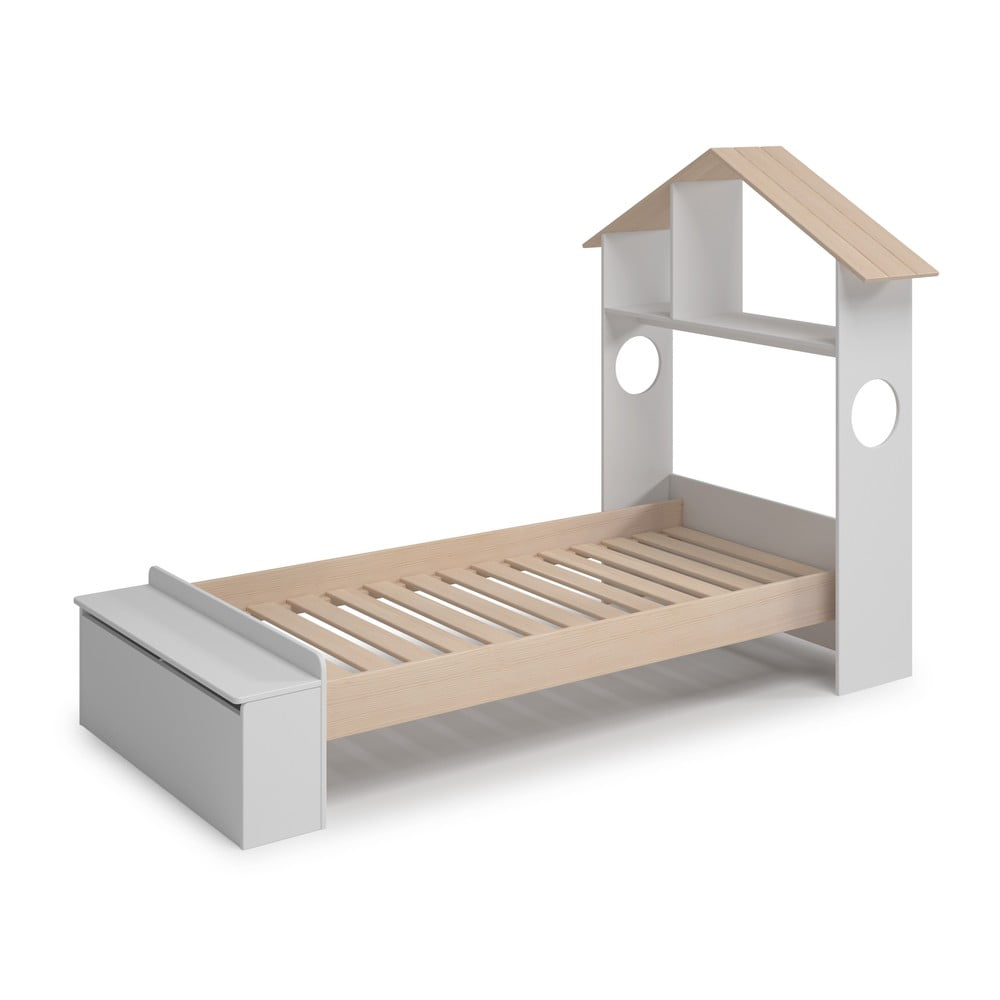 Pat pentru copii alb/natural de tip casă cu aspect de lemn de pin cu spațiu de depozitare 90x190 cm Odessa – Marckeric Pat pentru copii alb/natural de tip casă cu aspect de lemn de pin cu spațiu de depozitare 90x190 cm Odessa – Marckeric