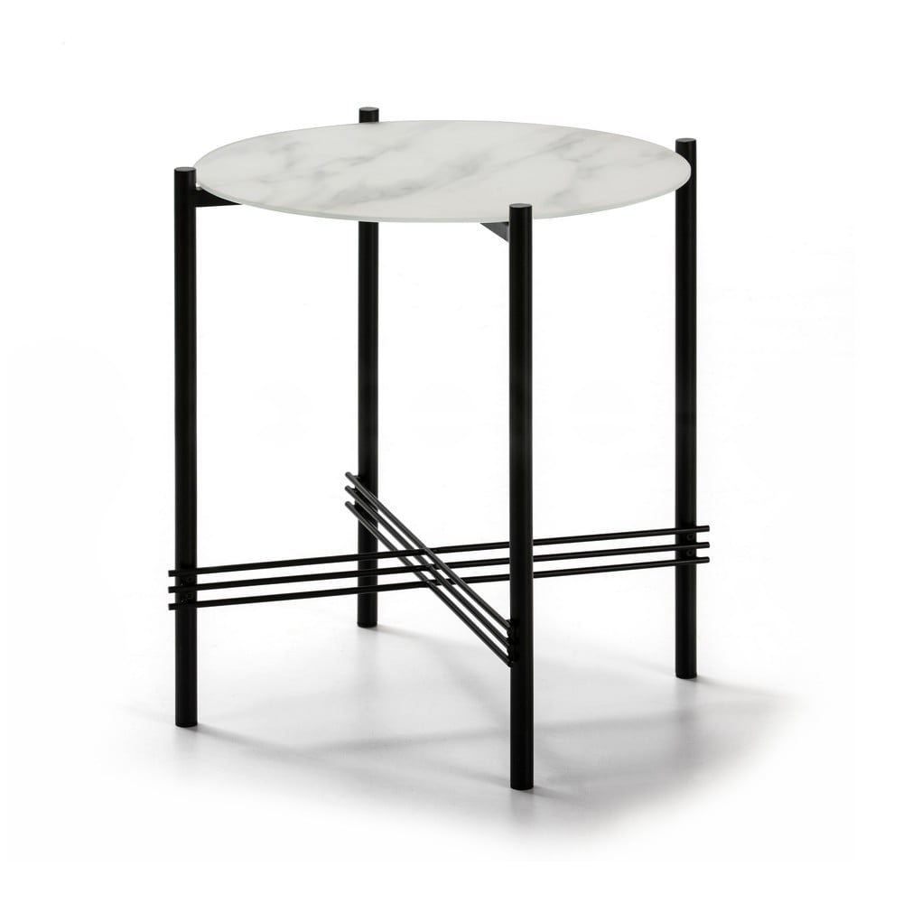 Masuță auxiliară cu blat din sticlă în decor de marmură Marckeric, ø 47 cm, alb-negru Masuță auxiliară cu blat din sticlă în decor de marmură Marckeric, ø 47 cm, alb-negru
