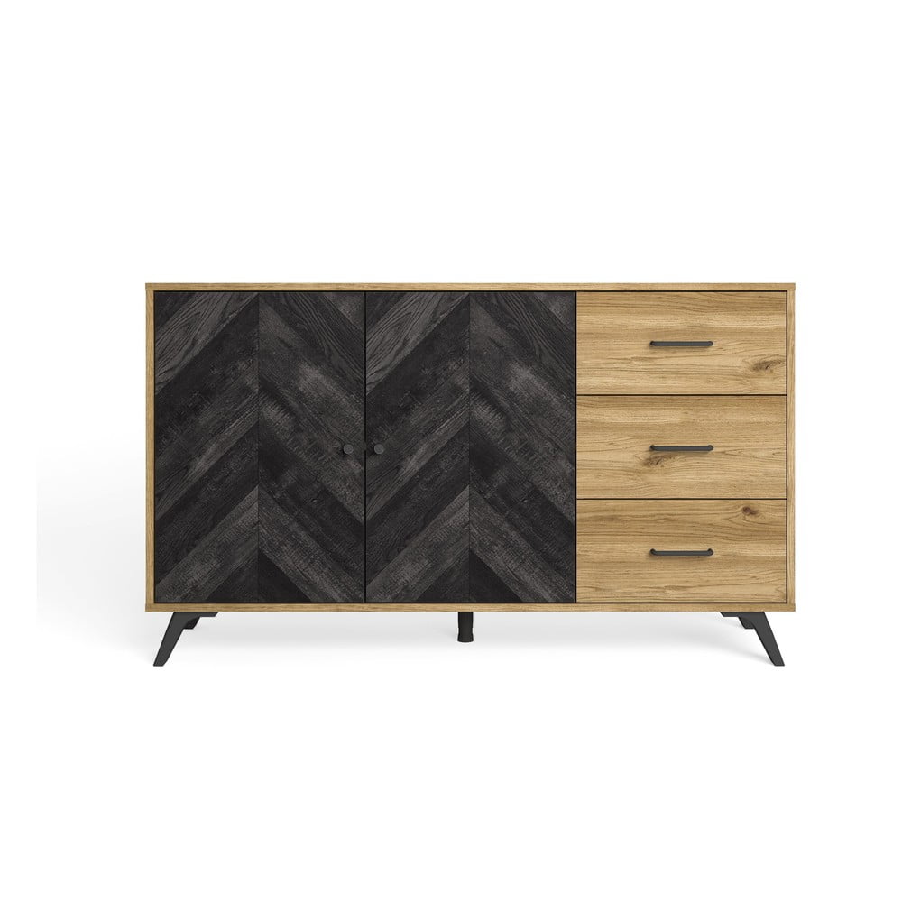 Comodă negru/natural joasă cu aspect de lemn de stejar 136x81 cm Delta – Marckeric Comodă negru/natural joasă cu aspect de lemn de stejar 136x81 cm Delta – Marckeric