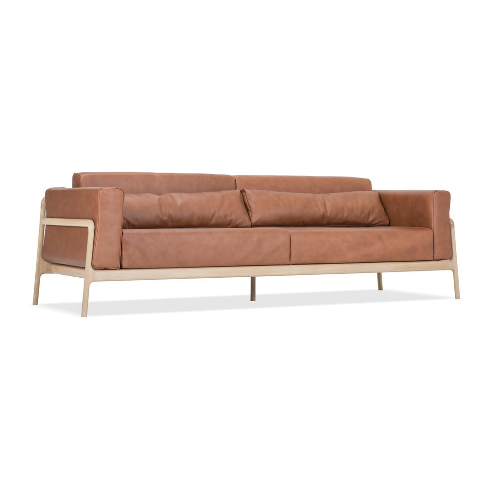 Canapea din piele bovină cu structură din lemn masiv de stejar Gazzda Fawn, 240 cm, maro cognac Canapea din piele bovină cu structură din lemn masiv de stejar Gazzda Fawn, 240 cm, maro cognac