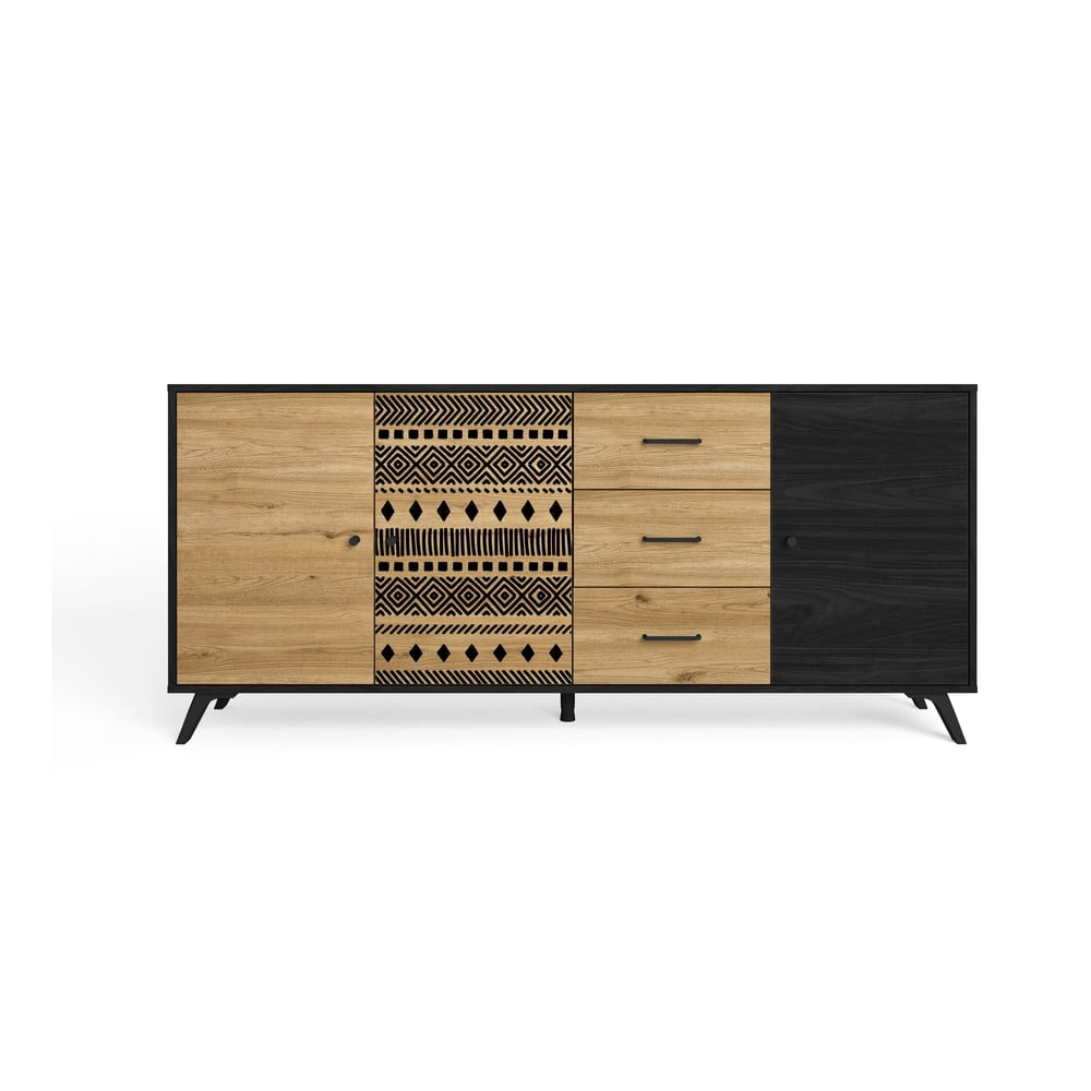 Comodă negru/natural joasă cu aspect de lemn de stejar 181x81 cm Africa – Marckeric Comodă negru/natural joasă cu aspect de lemn de stejar 181x81 cm Africa – Marckeric
