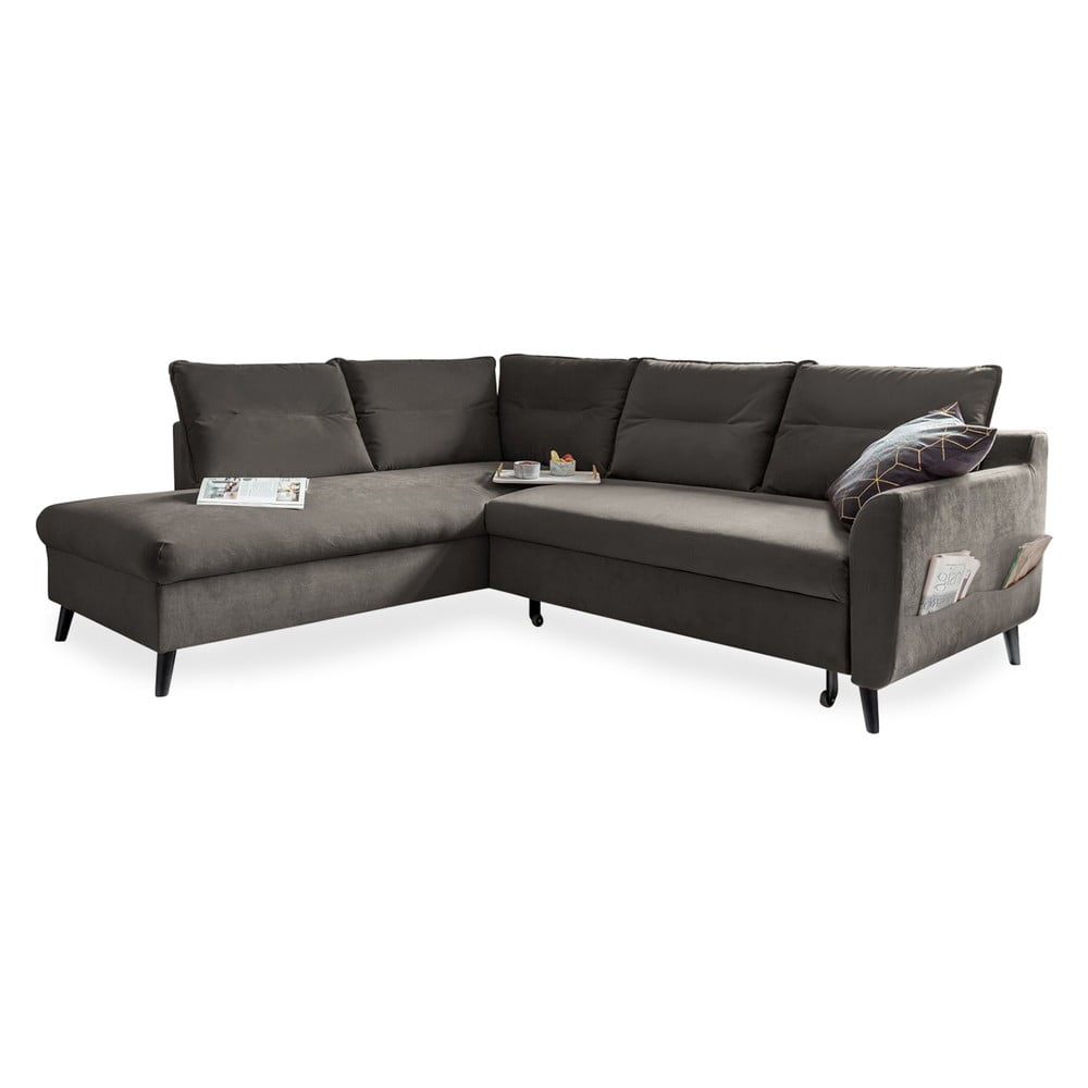 Colțar extensibil din catifea cu șezlong pe partea stângă Miuform Stylish Stan L, gri închis Colțar extensibil din catifea cu șezlong pe partea stângă Miuform Stylish Stan L, gri închis