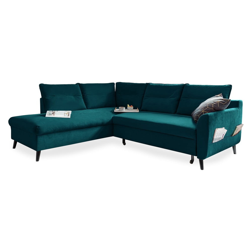 Colțar extensibil din catifea cu șezlong pe partea stângă Miuform Stylish Stan L, turcoaz Colțar extensibil din catifea cu șezlong pe partea stângă Miuform Stylish Stan L, turcoaz
