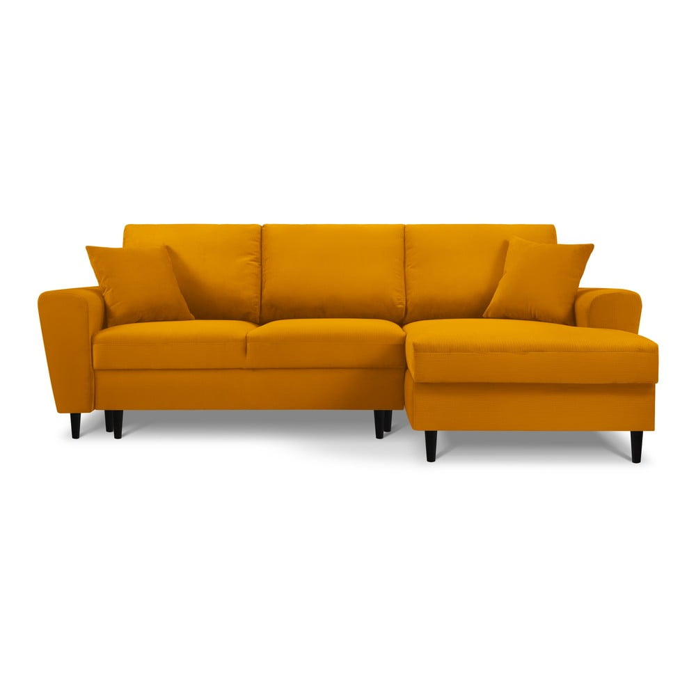 Colțar extensibil cu tapițerie reiată și șezlong pe partea dreaptă Micadoni Home Moghan, galben Colțar extensibil cu tapițerie reiată și șezlong pe partea dreaptă Micadoni Home Moghan, galben