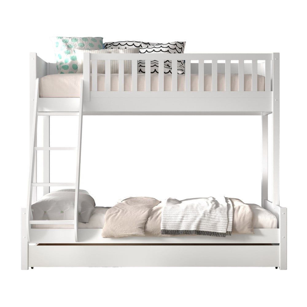 Pat pentru copii alb supraetajat din lemn masiv de pin cu spațiu de depozitare 140x200/90x200 cm SCOTT – Vipack Pat pentru copii alb supraetajat din lemn masiv de pin cu spațiu de depozitare 140x200/90x200 cm SCOTT – Vipack