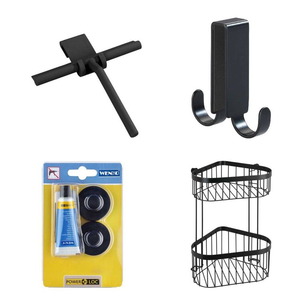 Set de accesorii de baie negru suspendat/autoadeziv din metal Classic – Wenko Set de accesorii de baie negru suspendat/autoadeziv din metal Classic – Wenko