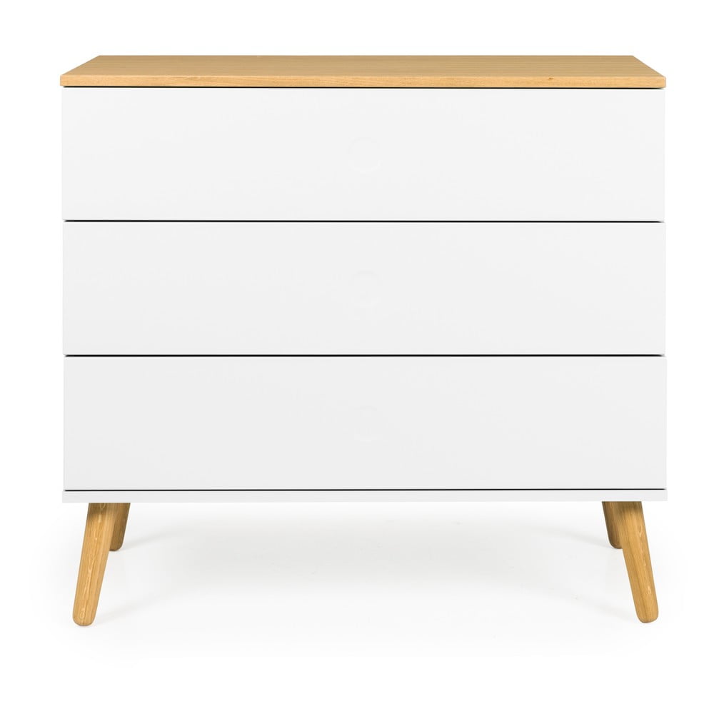 Comodă cu detalii în decor de stejar și 3 sertare Tenzo Dot, 90 x 79 cm, alb Comodă cu detalii în decor de stejar și 3 sertare Tenzo Dot, 90 x 79 cm, alb