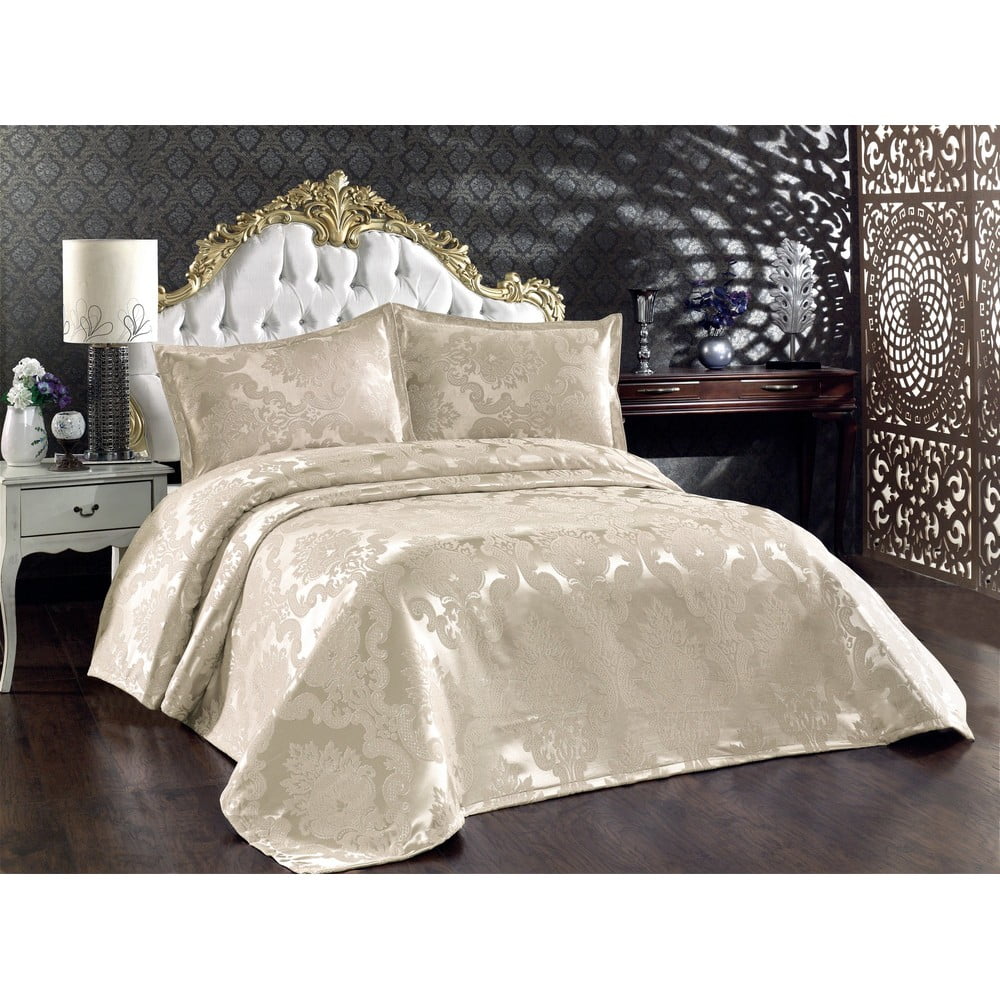 Set cuvertură și fețe de pernă bej din damasc 240x260 cm Beste – Mijolnir Set cuvertură și fețe de pernă bej din damasc 240x260 cm Beste – Mijolnir