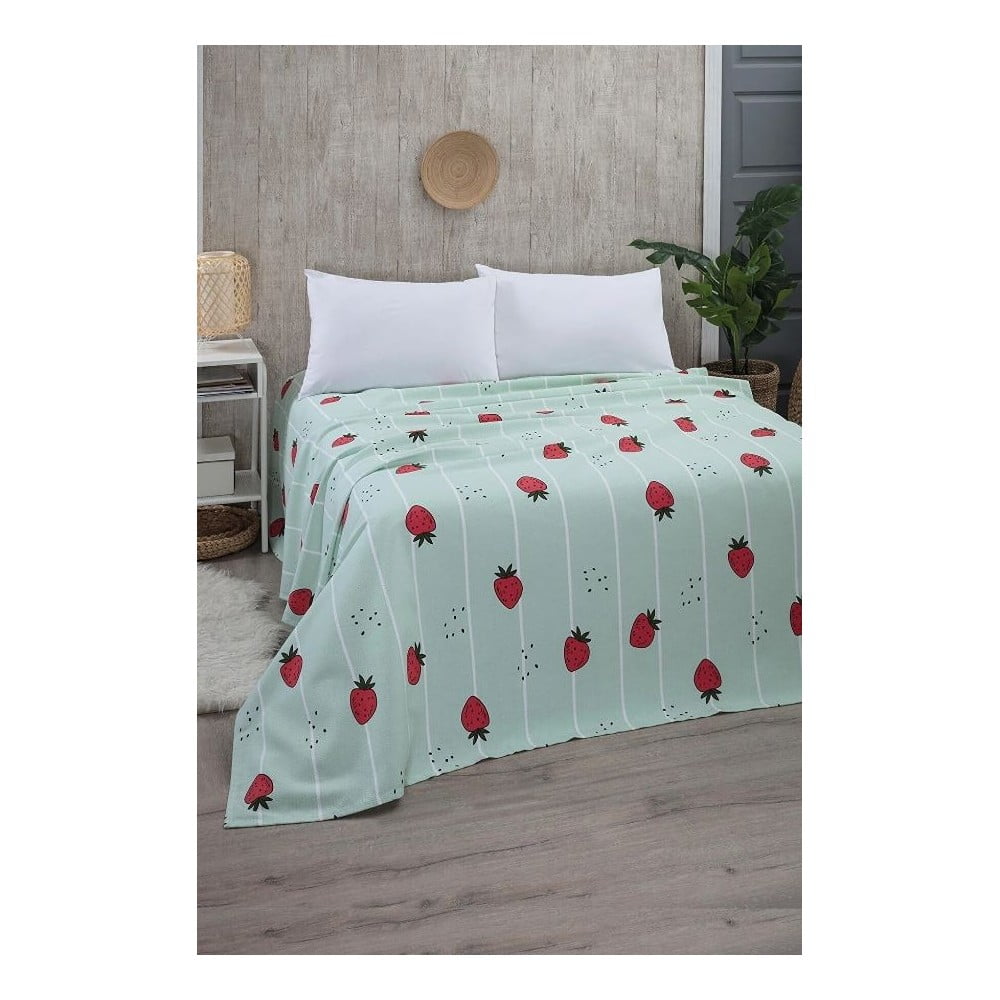 Cuvertură verde-mentă din bumbac 170x230 cm Strawberry – Mila Home Cuvertură verde-mentă din bumbac 170x230 cm Strawberry – Mila Home