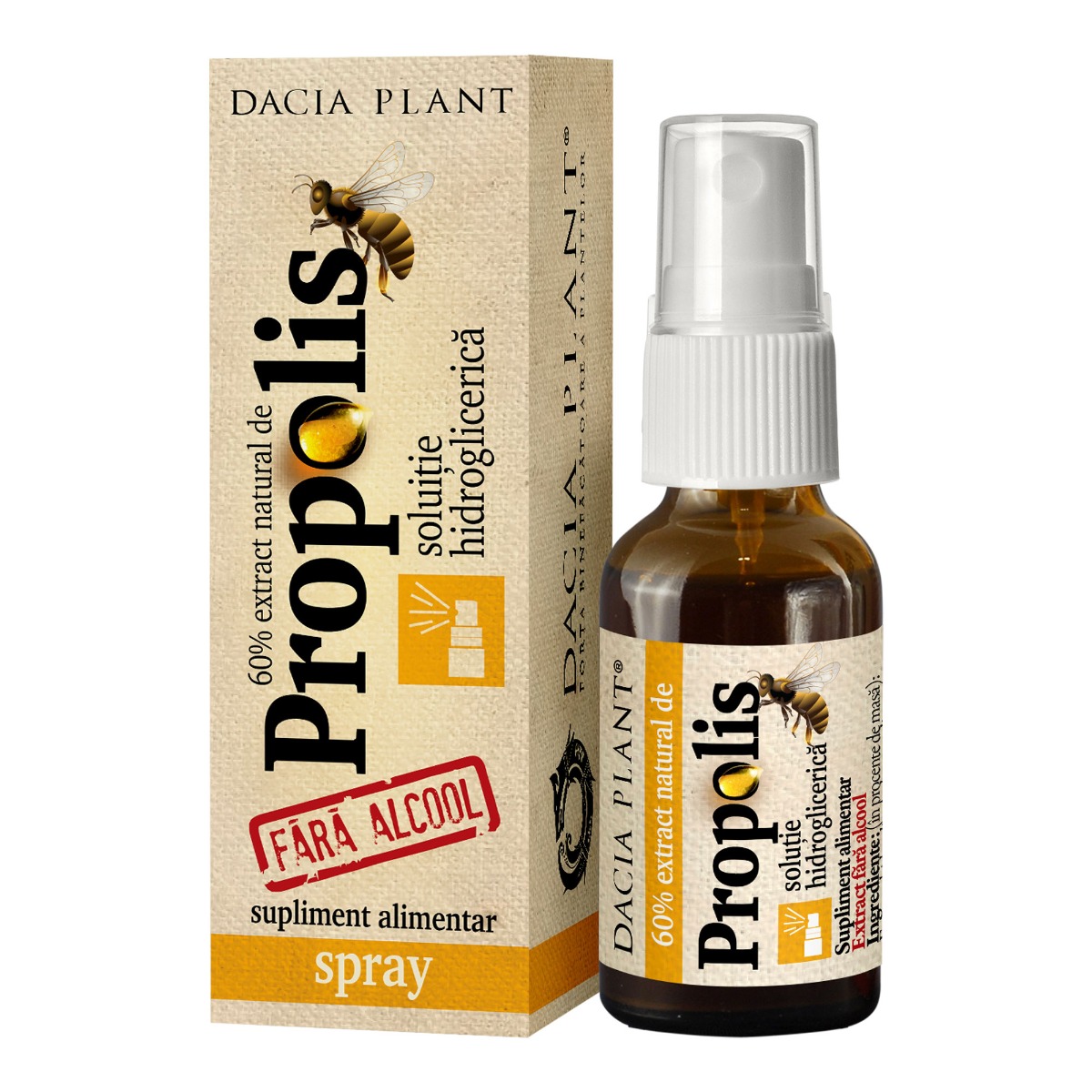 Spray cu extract natural de propolis fara alcool, 20 ml, Dacia Plant Spray cu extract natural de propolis fara alcool, 20 ml, Dacia Plant