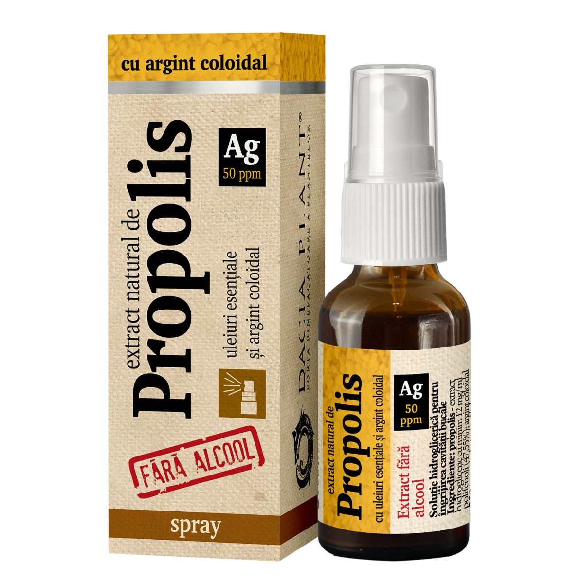 Spray extract de propolis cu argint coloidal, 20 ml, Dacia Plant Spray extract de propolis cu argint coloidal, 20 ml, Dacia Plant