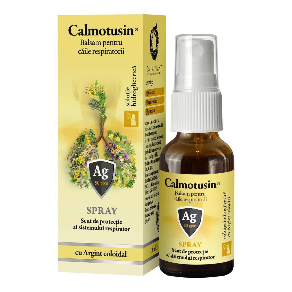 Calmotusin spray cu argint coloidal, fara alcool, 20 ml, Dacia Plant Calmotusin spray cu argint coloidal, fara alcool, 20 ml, Dacia Plant