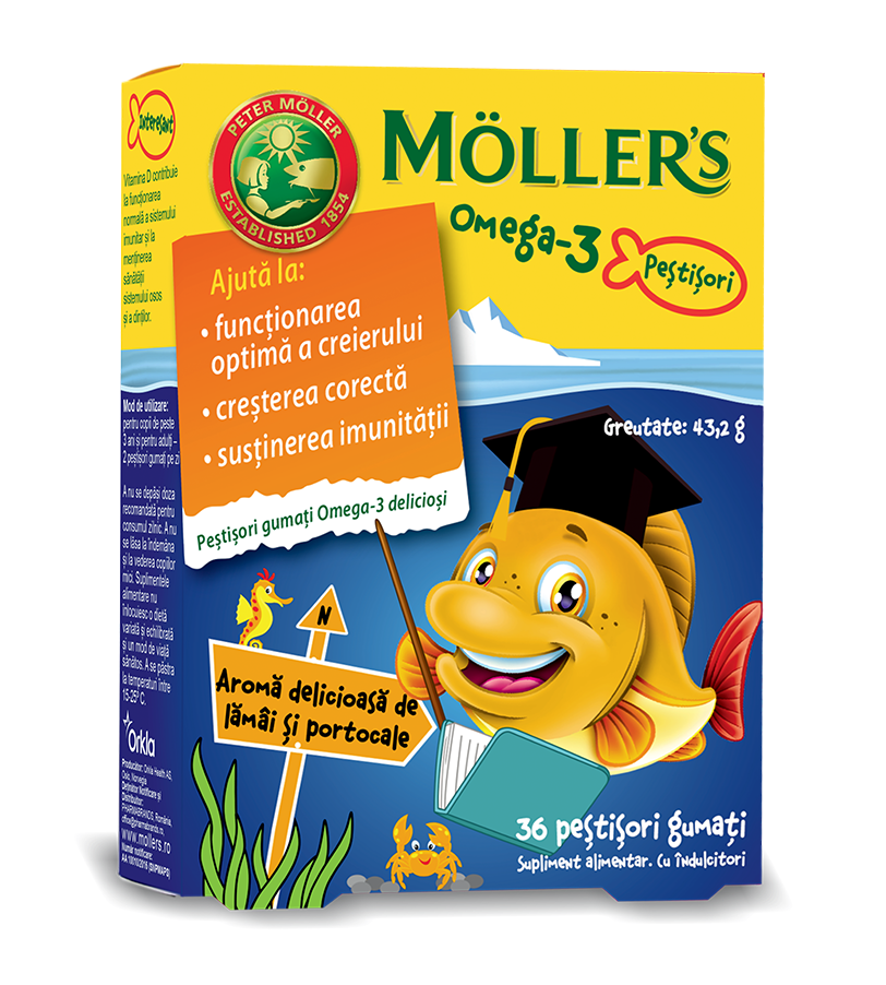 Pestisori gumati cu Omega 3 si aroma de lamai si portocale, 36 jeleuri, Moller's Pestisori gumati cu Omega 3 si aroma de lamai si portocale, 36 jeleuri, Moller's