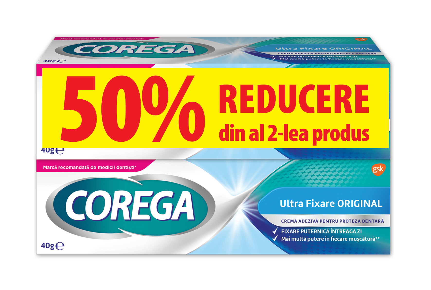 Crema adeziva pentru proteza dentara Ultra Fixare Original, 2 x 40g, Corega Crema adeziva pentru proteza dentara Ultra Fixare Original, 2 x 40g, Corega
