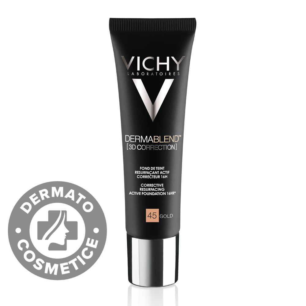 Fond de ten corector ten gras cu tendinta acneica Dermablend 3D 45 Gold, 30ml, Vichy Fond de ten corector ten gras cu tendinta acneica Dermablend 3D 45 Gold, 30ml, Vichy