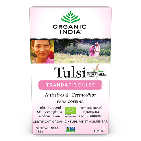 Ceai Tulsi Trandafir Dulce Antistres & Fermecator, 18 plicuri, Organic India Ceai Tulsi Trandafir Dulce Antistres & Fermecator, 18 plicuri, Organic India