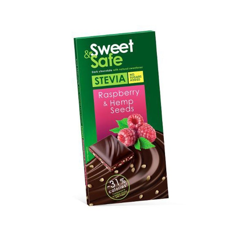 Ciocolata amaruie cu indulcitor natural de stevia Sweet&Safe, seminte de canepa, zmeura, 90 g, Sly Nutritia Ciocolata amaruie cu indulcitor natural de stevia Sweet&Safe, seminte de canepa, zmeura, 90 g, Sly Nutritia