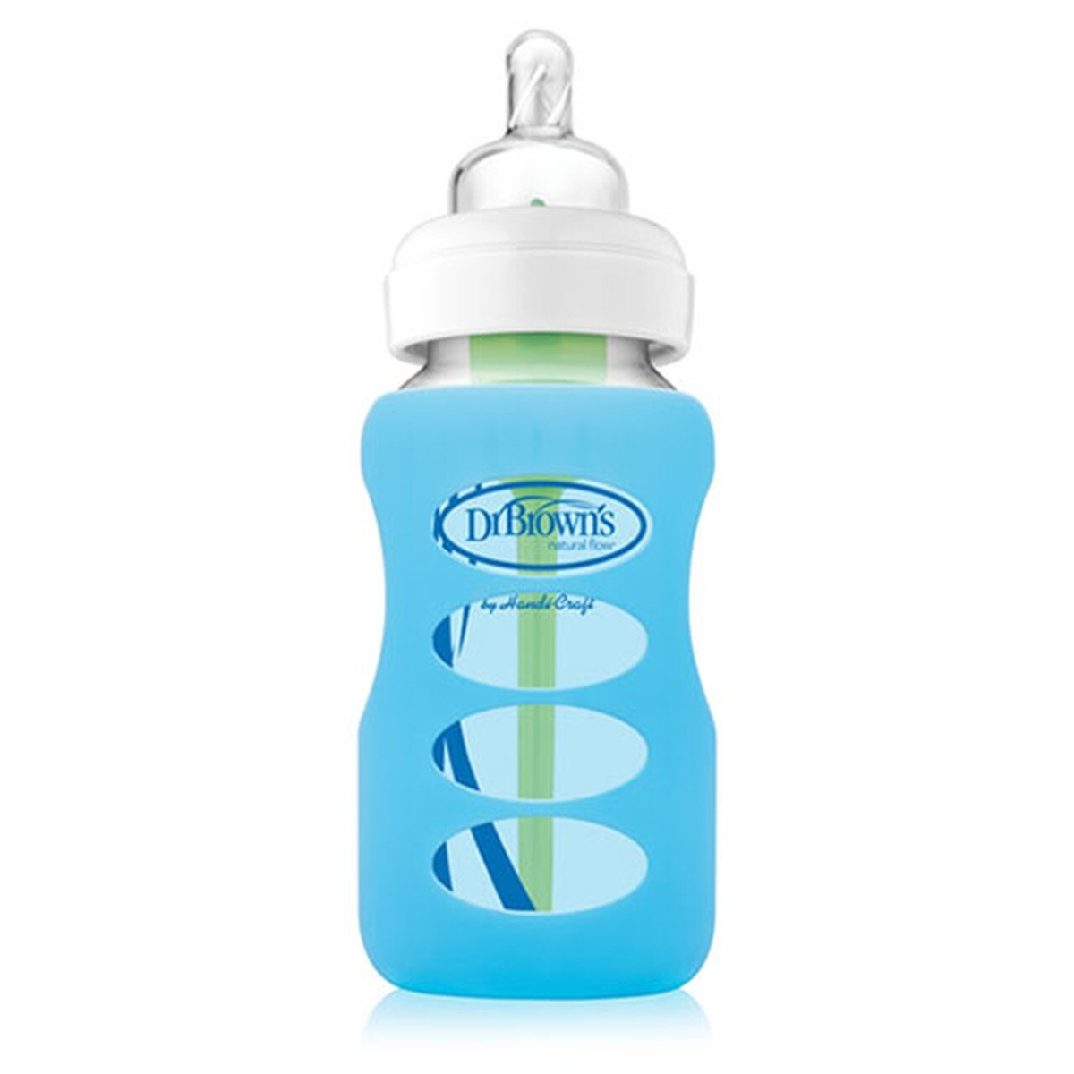 Protectie silicon pentru biberon din sticla cu gat larg albastru, 270ml, Dr. Brown's Protectie silicon pentru biberon din sticla cu gat larg albastru, 270ml, Dr. Brown's