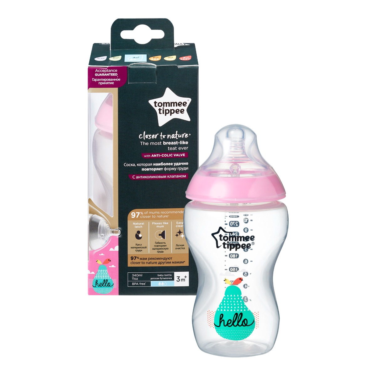 Biberon decorat PP Closer to Nature Roz +3 luni, 340ml, Tommee Tippee Biberon decorat PP Closer to Nature Roz +3 luni, 340ml, Tommee Tippee