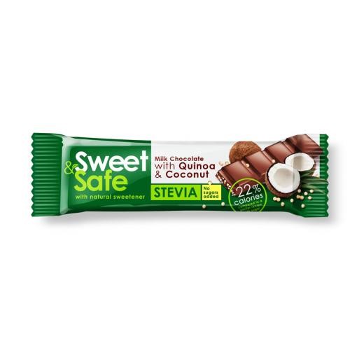 Ciocolata cu lapte si indulcitor natural de stevia Sweet&Safe, cocos si quinoa, 25 g, Sly Nutritia Ciocolata cu lapte si indulcitor natural de stevia Sweet&Safe, cocos si quinoa, 25 g, Sly Nutritia
