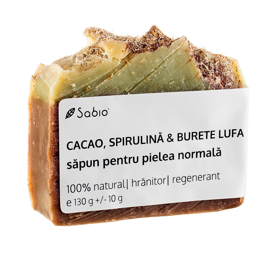 Sapun natural pentru pielea normala cu cacao, spirulina si burete lufa, 130g, Sabio Sapun natural pentru pielea normala cu cacao, spirulina si burete lufa, 130g, Sabio