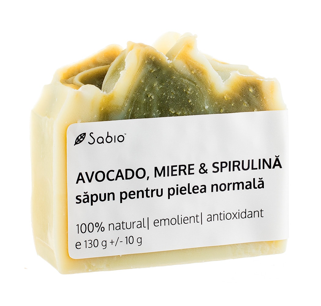 Sapun pentru pielea uscata cu avocado + miere si spirulina, 130g, Sabio Sapun pentru pielea uscata cu avocado + miere si spirulina, 130g, Sabio