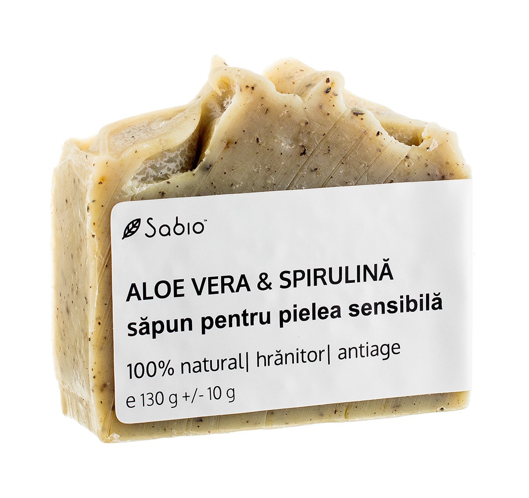 Sapun natural pentru pielea sensibila cu aloe vera si spirulina, 130g, Sabio Sapun natural pentru pielea sensibila cu aloe vera si spirulina, 130g, Sabio