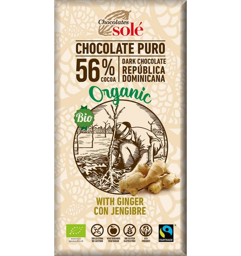 Ciocolata neagra cu 56% cacao si ghimbir Bio, 100g, Chocolates Sole Ciocolata neagra cu 56% cacao si ghimbir Bio, 100g, Chocolates Sole